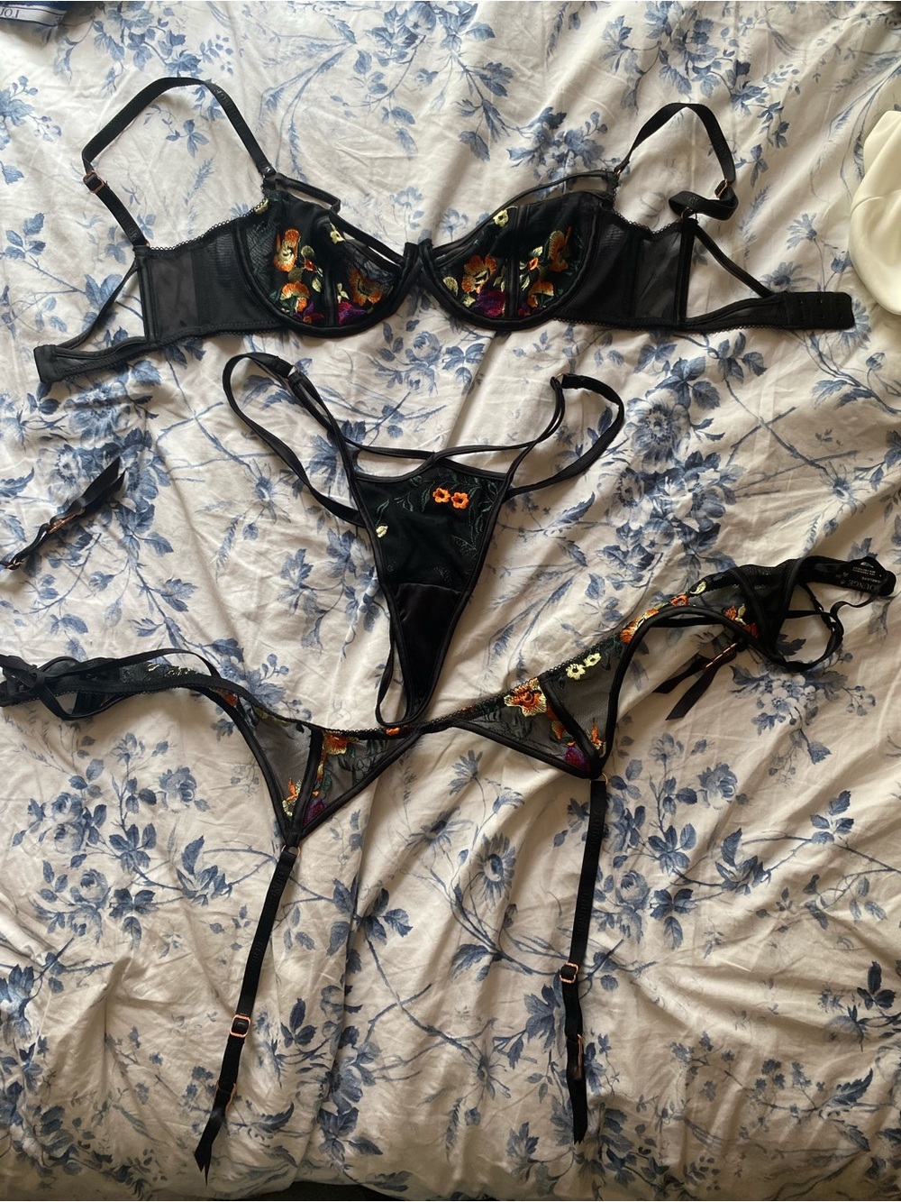 Floral Embroidered Black Sheer Bra & Garter Set